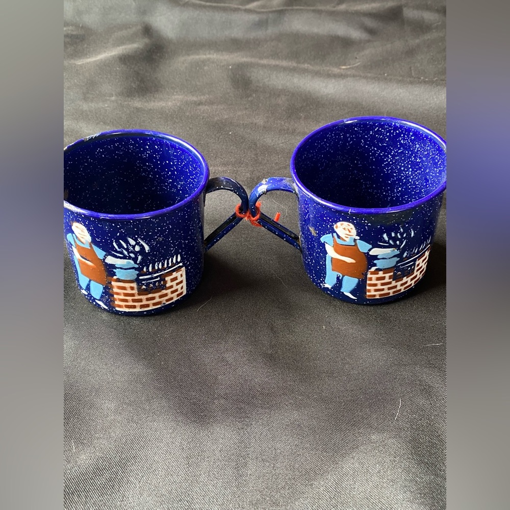 Antique Blue Speckled Tin Kettle Cup Mugs! Set of (2)!